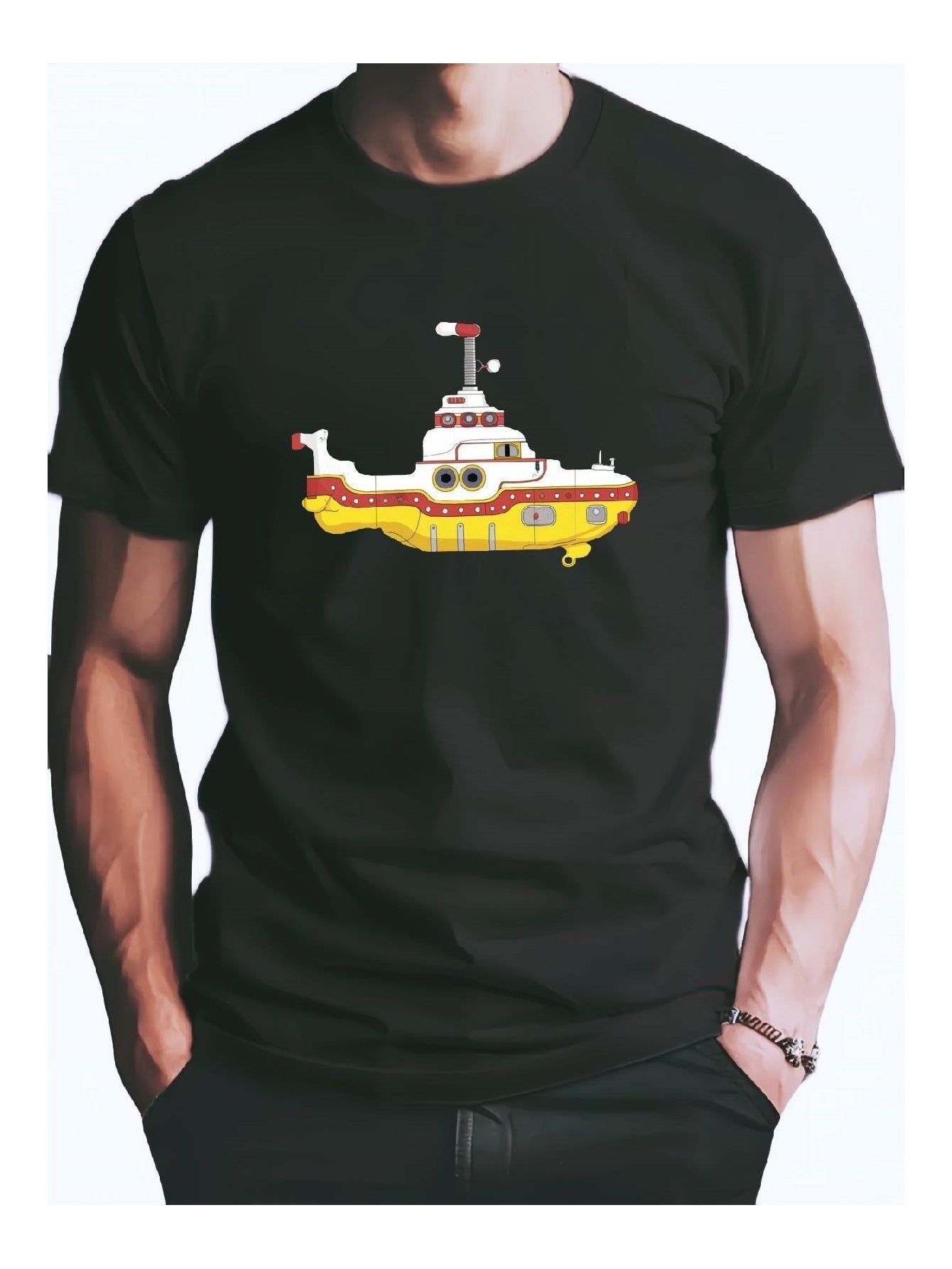 Black Tshirt Yellow Submarine Pattern Casual And Versatile